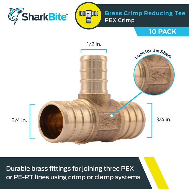 SharkBite 3/4 Inch x 3/4 Inch x 1/2 Inch Crimp Reducing Tee, Pack of 10, Brass Plumbing Fitting, PEX Pipe, PE-RT, UC412LFA10 - Image 2